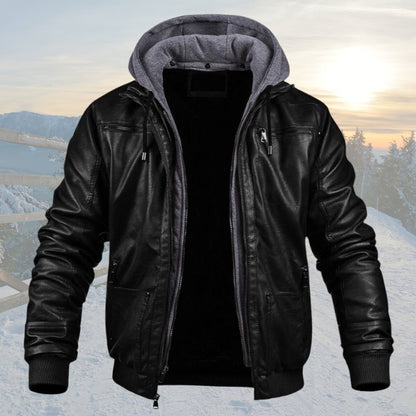 Black leather jacket with grey jersey hood and zip pockets
