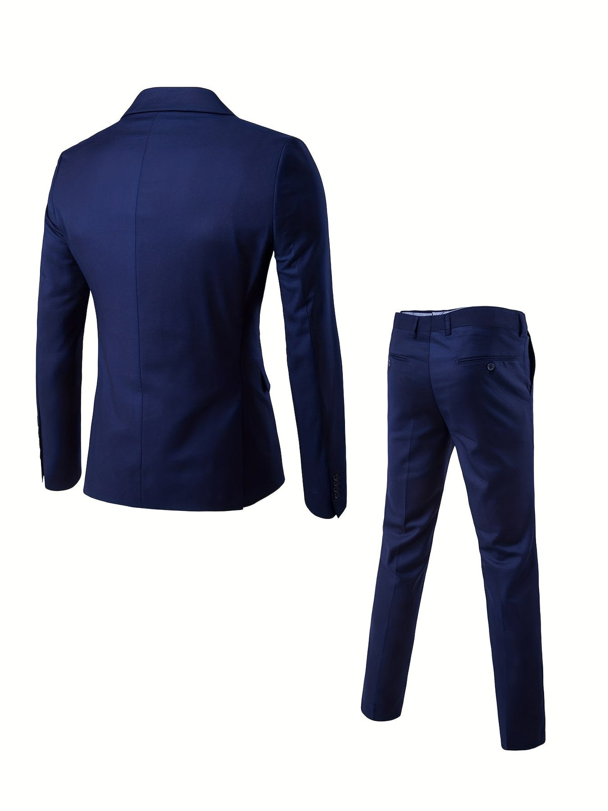 Back of the navy blue suit jacket and trousers