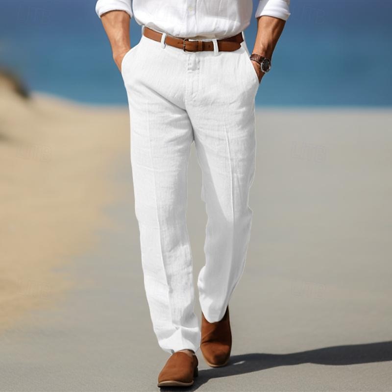Man wearing white linen-look straight-leg pants