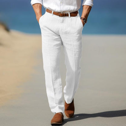 Man wearing white linen-look straight-leg pants