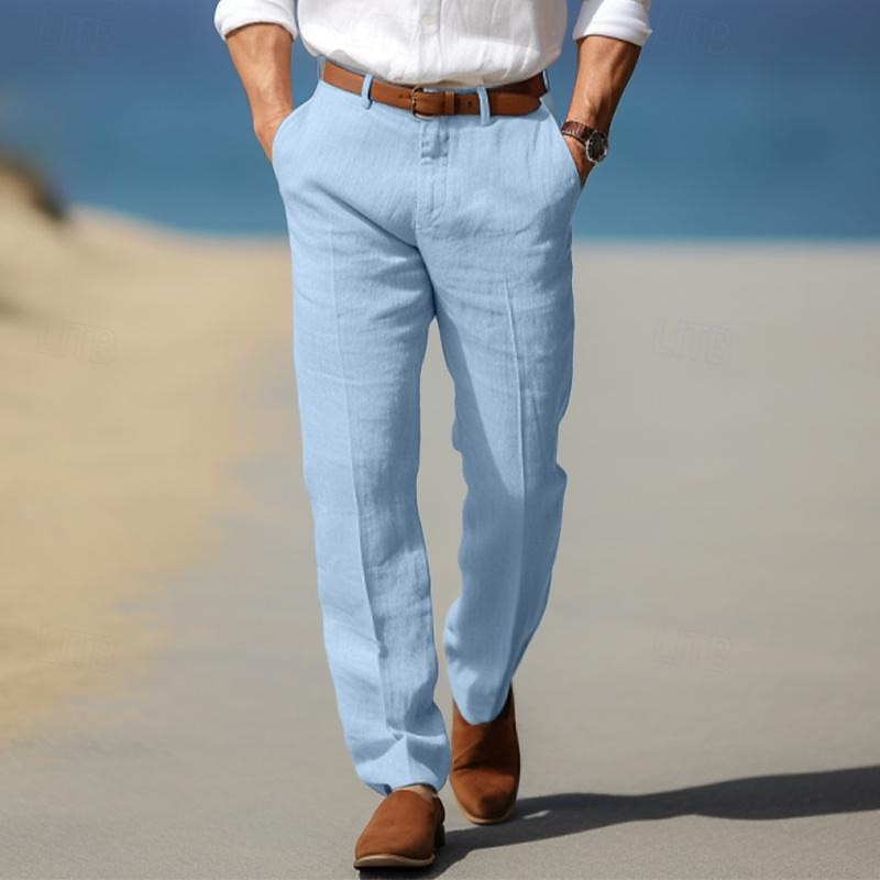 Man wearing light blue linen-look straight-leg pants
