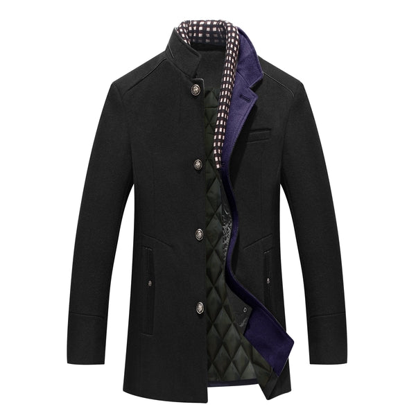 Black quilt-lined stand-collar overcoat