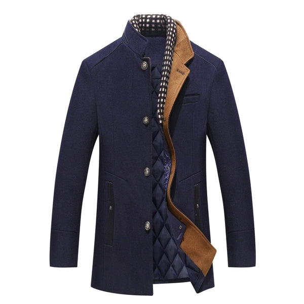 Navy blue quilt-lined stand-collar overcoat