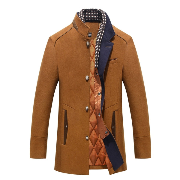 Brown quilt-lined stand-collar overcoat