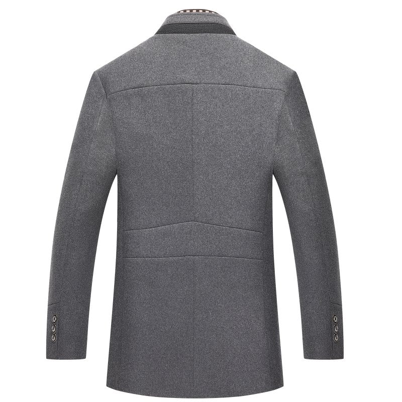 Back view of the gray quilt-lined stand-collar overcoat