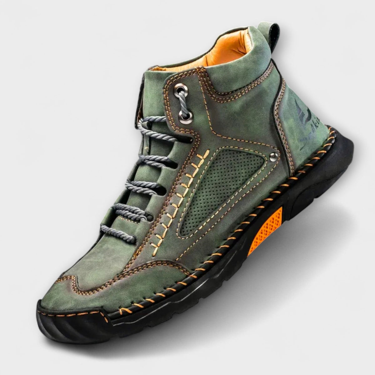 Green lug-sole stitched ankle boot