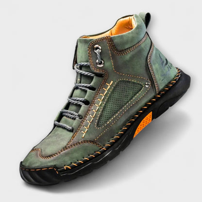 Green lug-sole stitched ankle boot