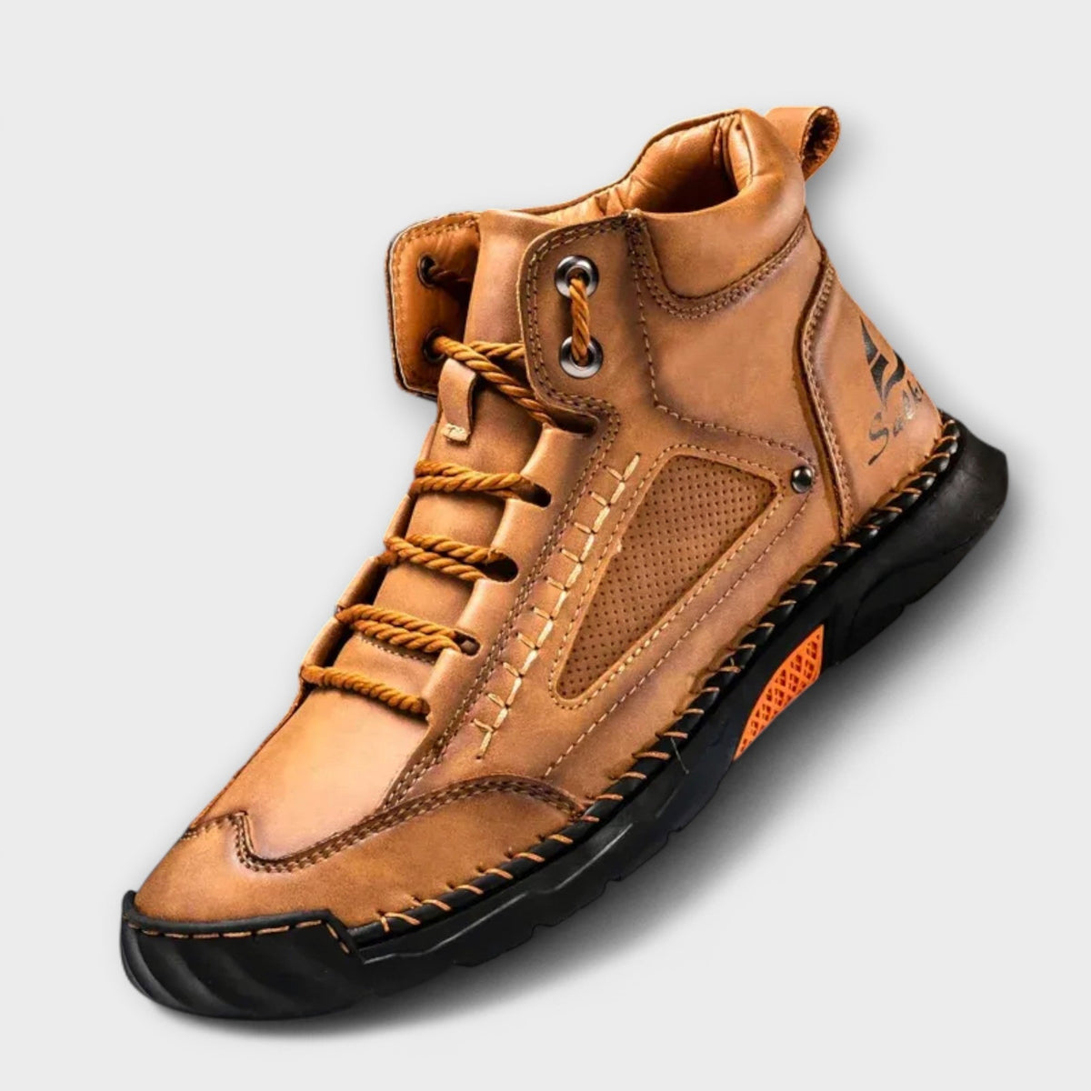 Tan lug-sole stitched ankle boot