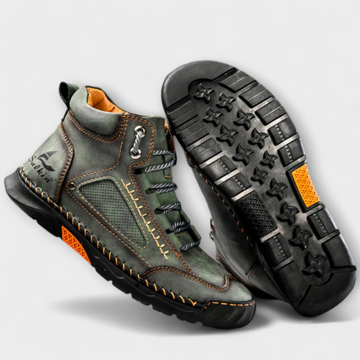 Green lug-sole stitched ankle boots and lug sole