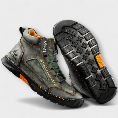 Green lug-sole stitched ankle boots and lug sole