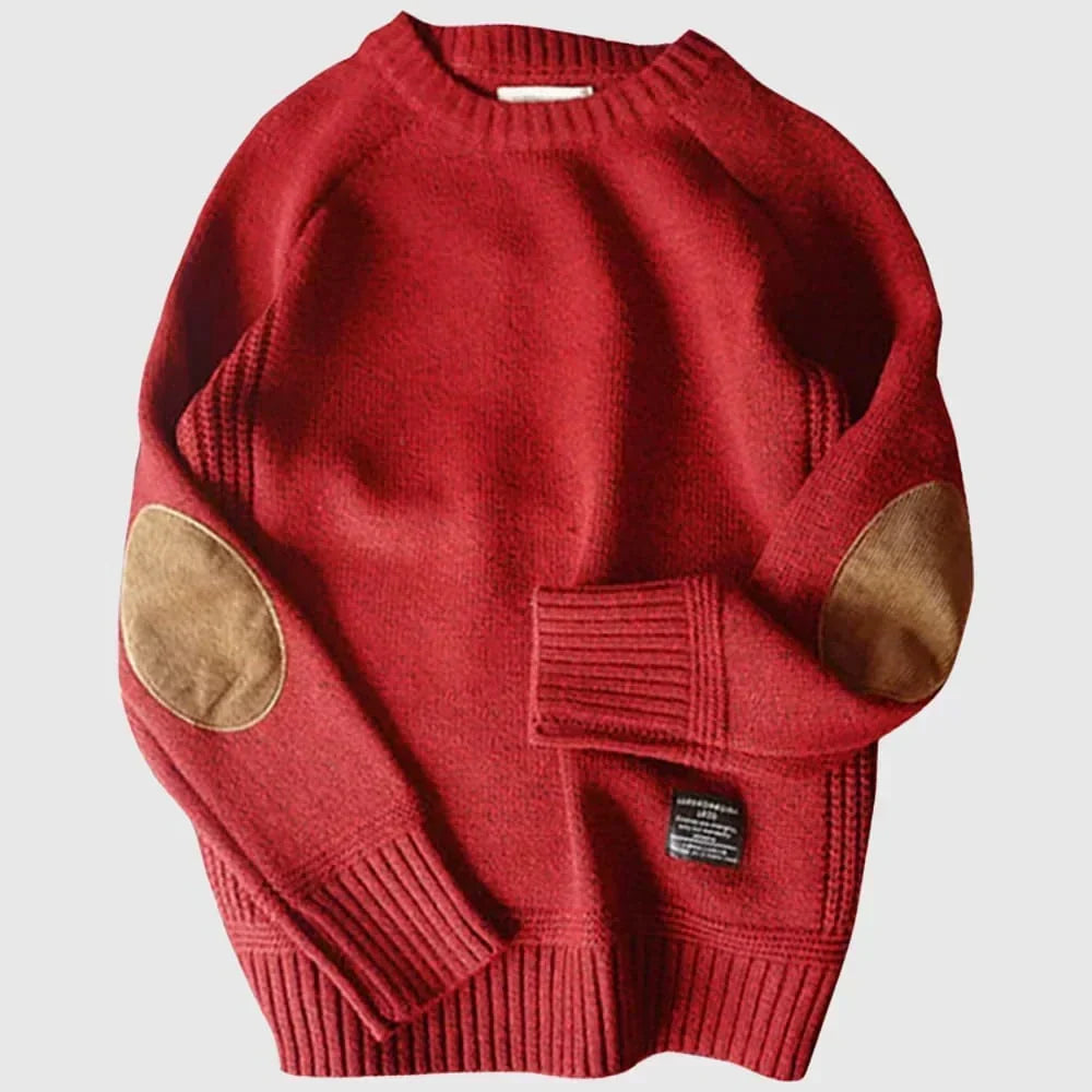 Red elbow-patch crew neck sweater