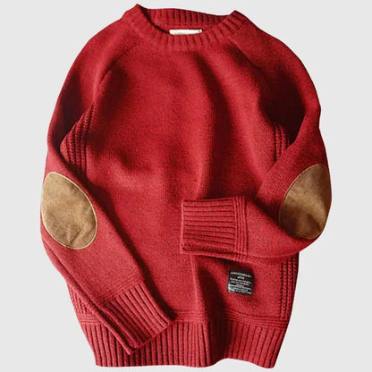 Red elbow-patch crew neck sweater