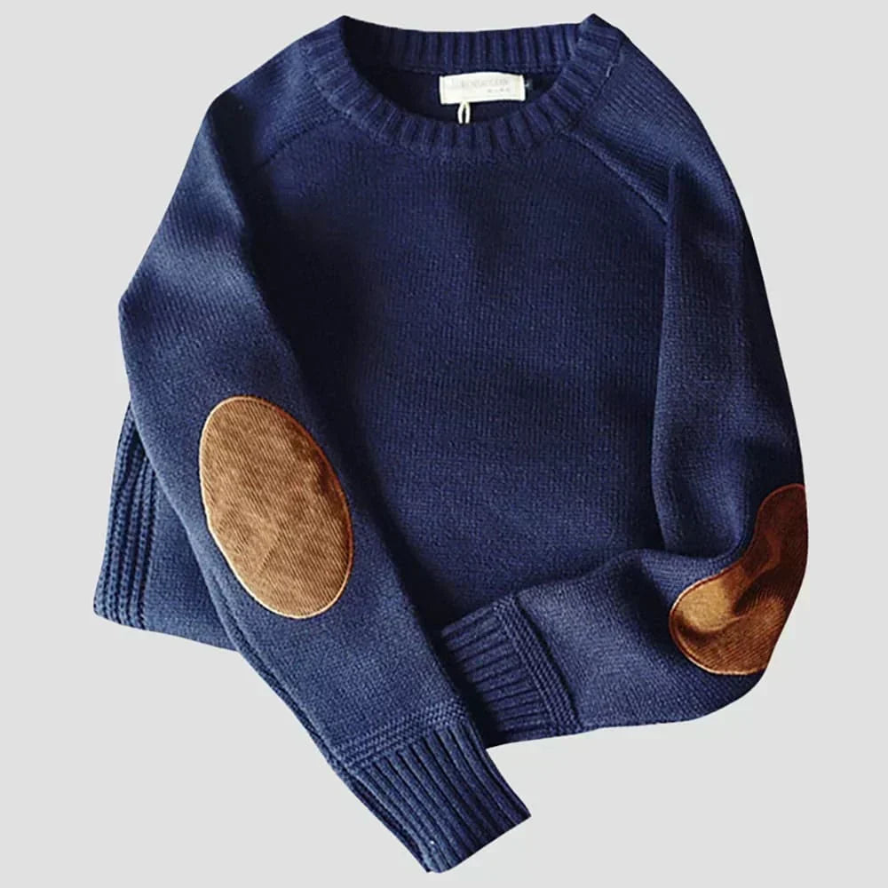 Navy blue elbow-patch crew neck sweater