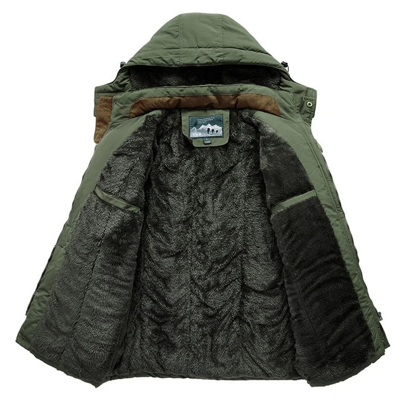 Green parka opened to show the fleece lining