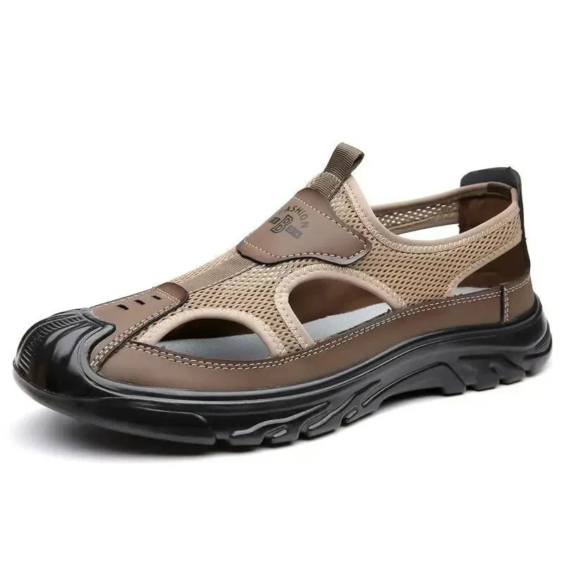 Brown closed-toe mesh hiking sandal from the side