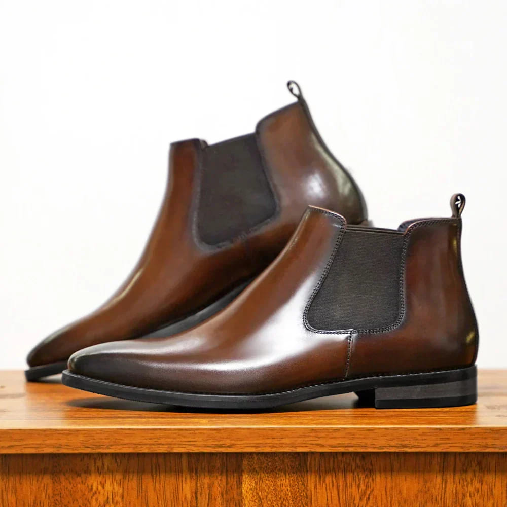 Pair of brown plain-toe Chelsea boots