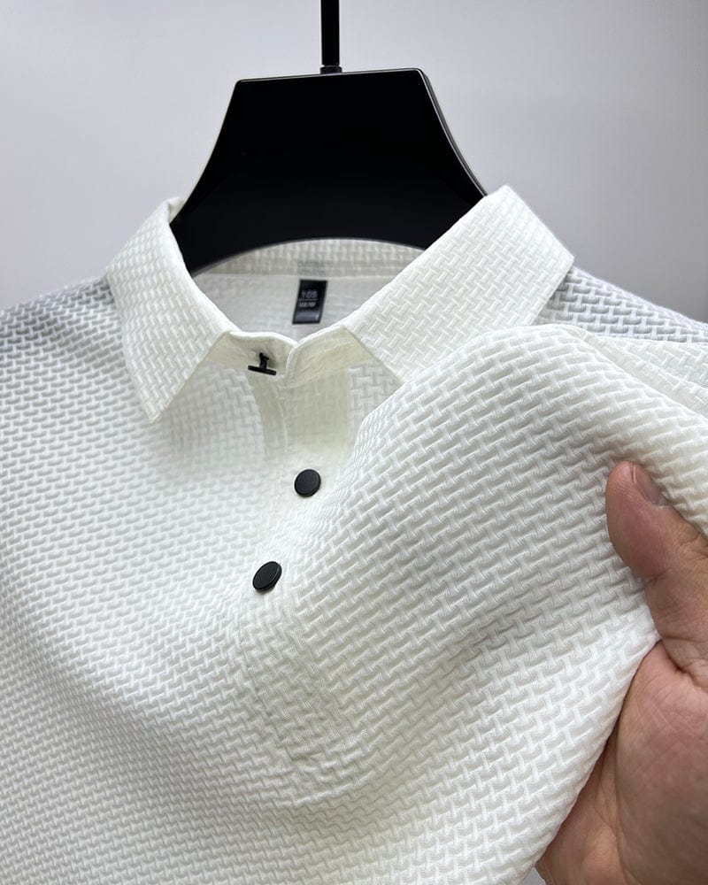 White long-sleeve waffle knit polo