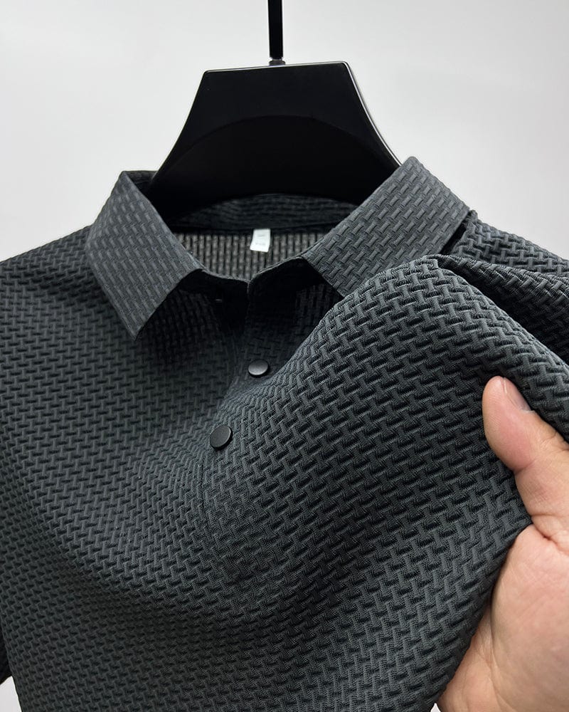 Gray long-sleeve waffle knit polo
