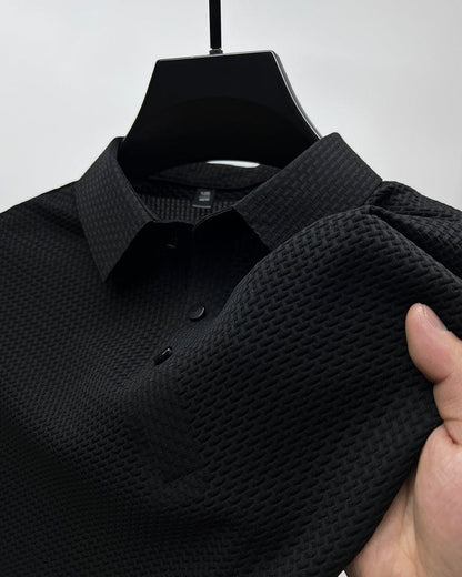 Black long-sleeve waffle knit polo