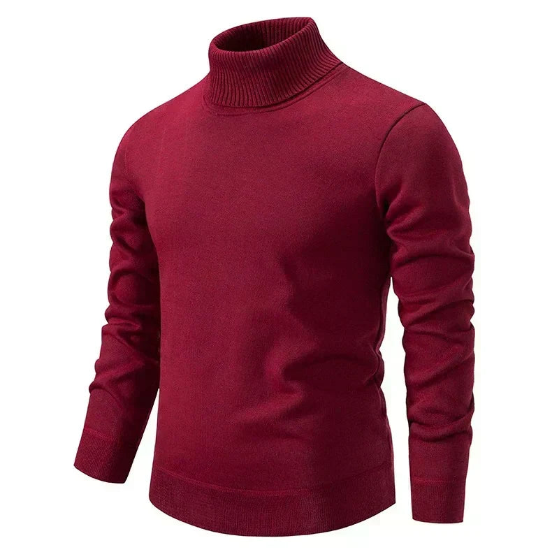 Red fine-knit turtleneck sweater