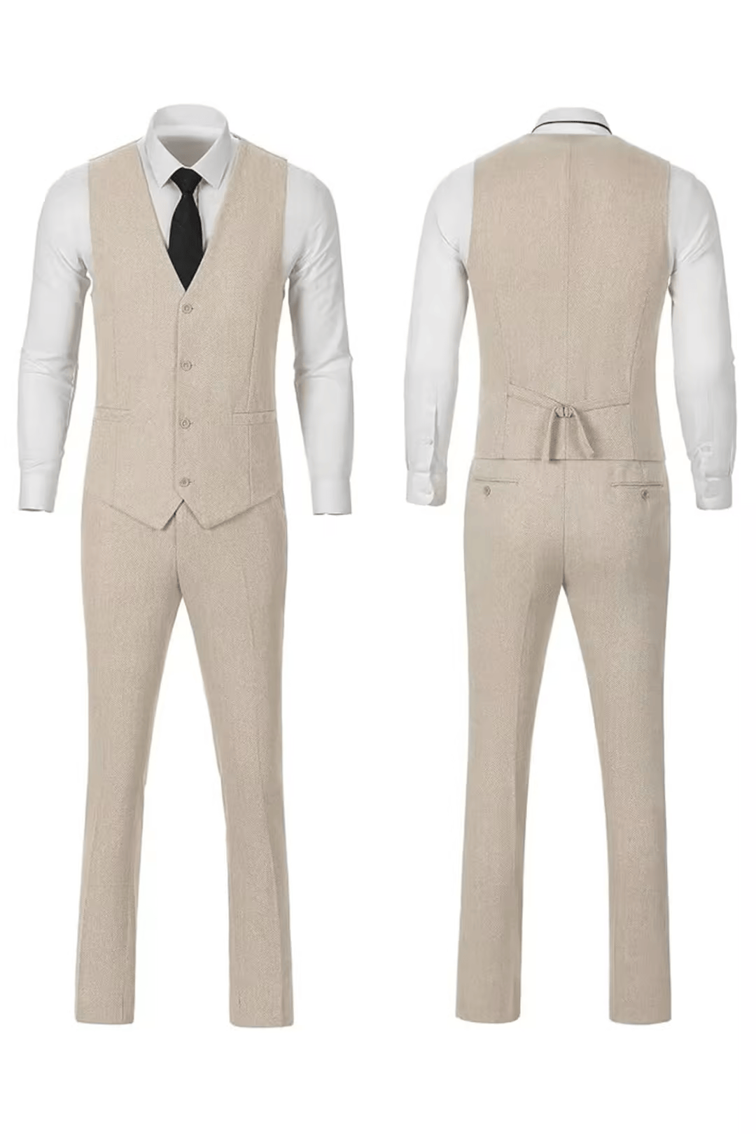Beige herringbone suit with white shirt, front and back