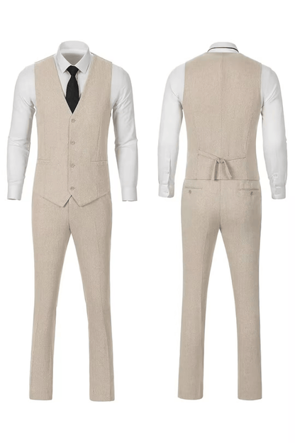 Beige herringbone suit with white shirt, front and back