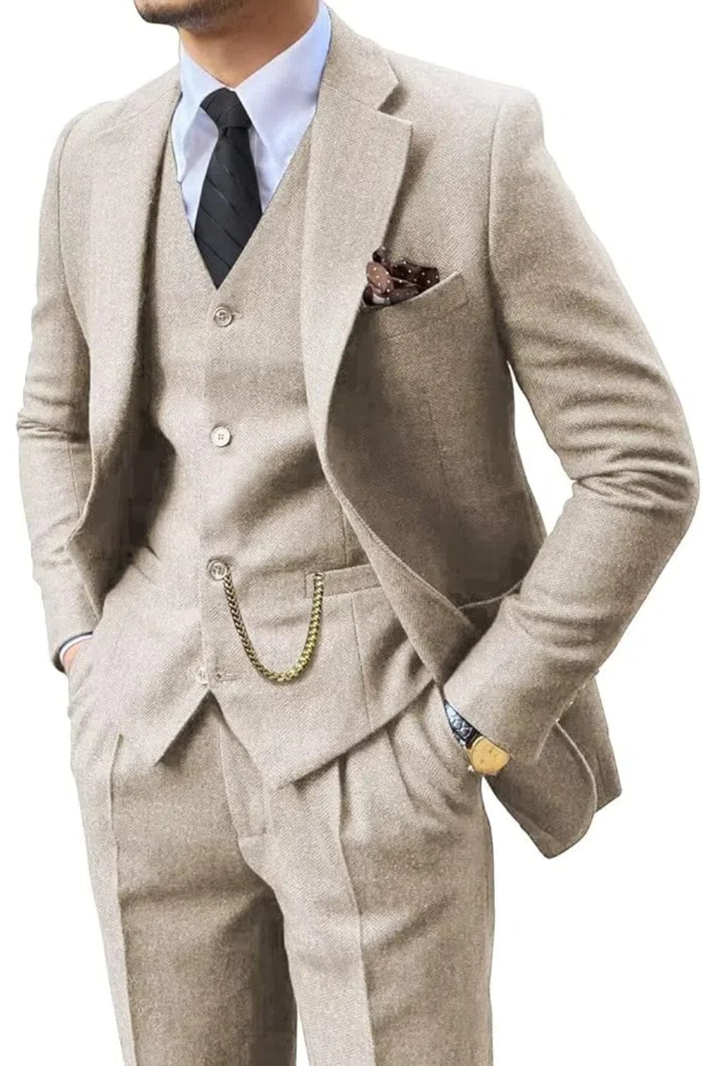 Man wearing a beige herringbone notch-lapel suit