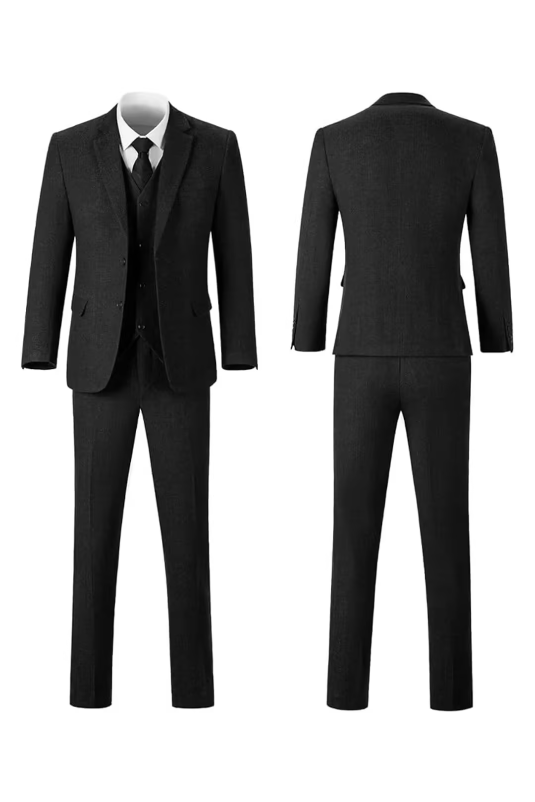 Black herringbone notch-lapel suit, front and back