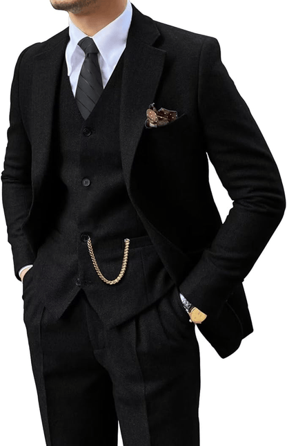 Man wearing a black herringbone notch-lapel suit