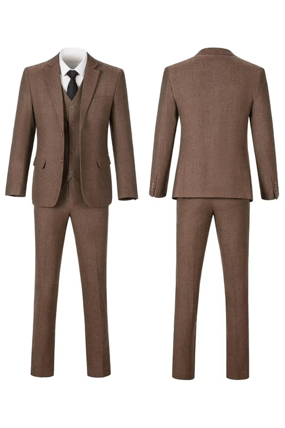 Brown herringbone notch-lapel suit, front and back