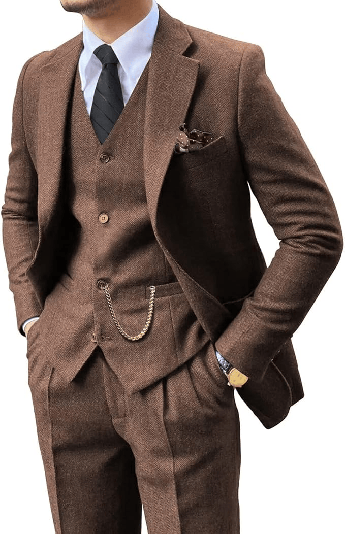 Man wearing a brown herringbone notch-lapel suit