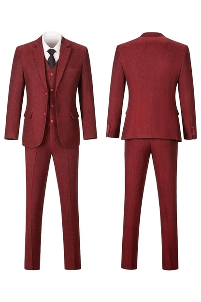 Burgundy herringbone notch-lapel suit, front and back