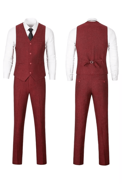 Burgundy herringbone suit with white shirt, front and back