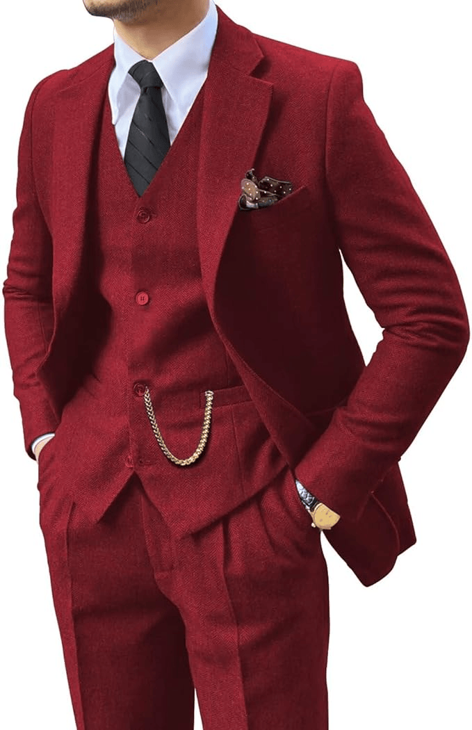 Man wearing a burgundy herringbone notch-lapel suit