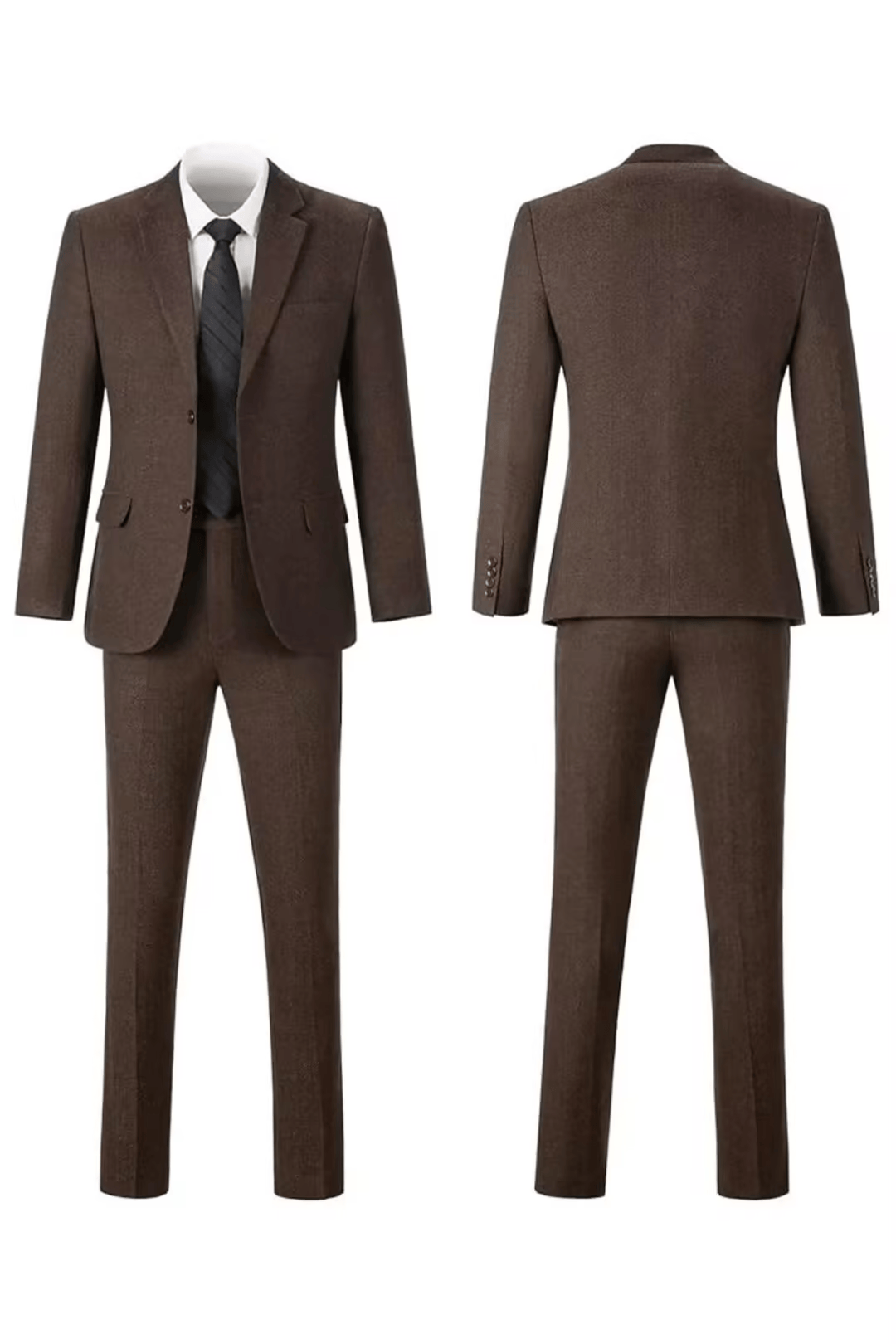 Dark brown herringbone notch-lapel suit, front and back