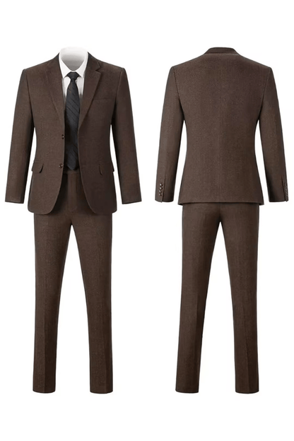 Dark brown herringbone notch-lapel suit, front and back