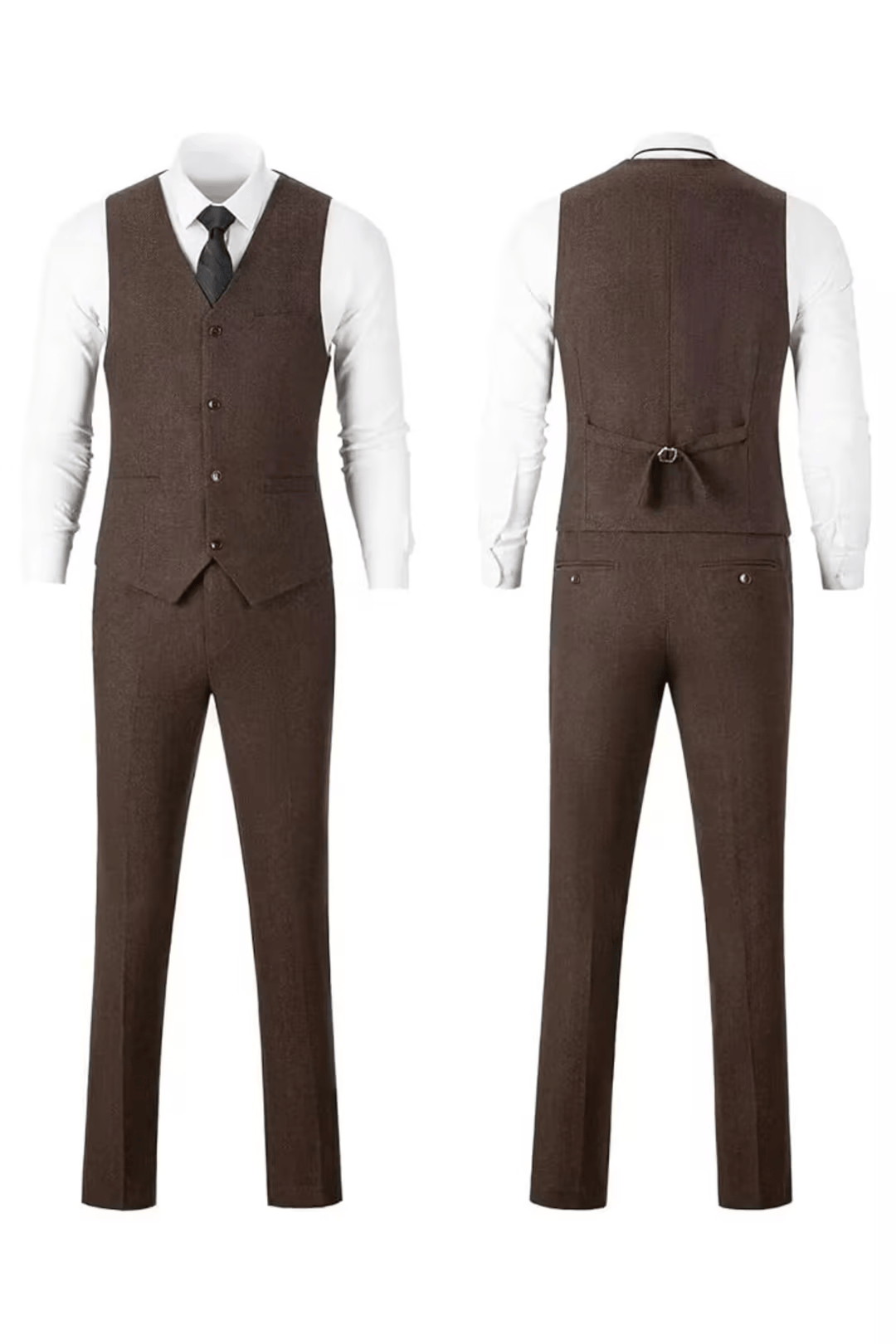 Dark brown herringbone suit with white shirt, front and back