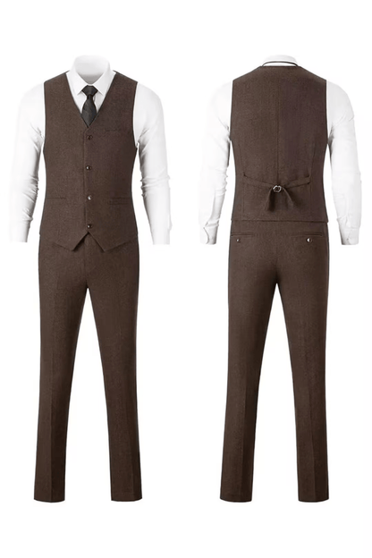 Dark brown herringbone suit with white shirt, front and back