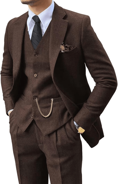 Man wearing a dark brown herringbone notch-lapel suit