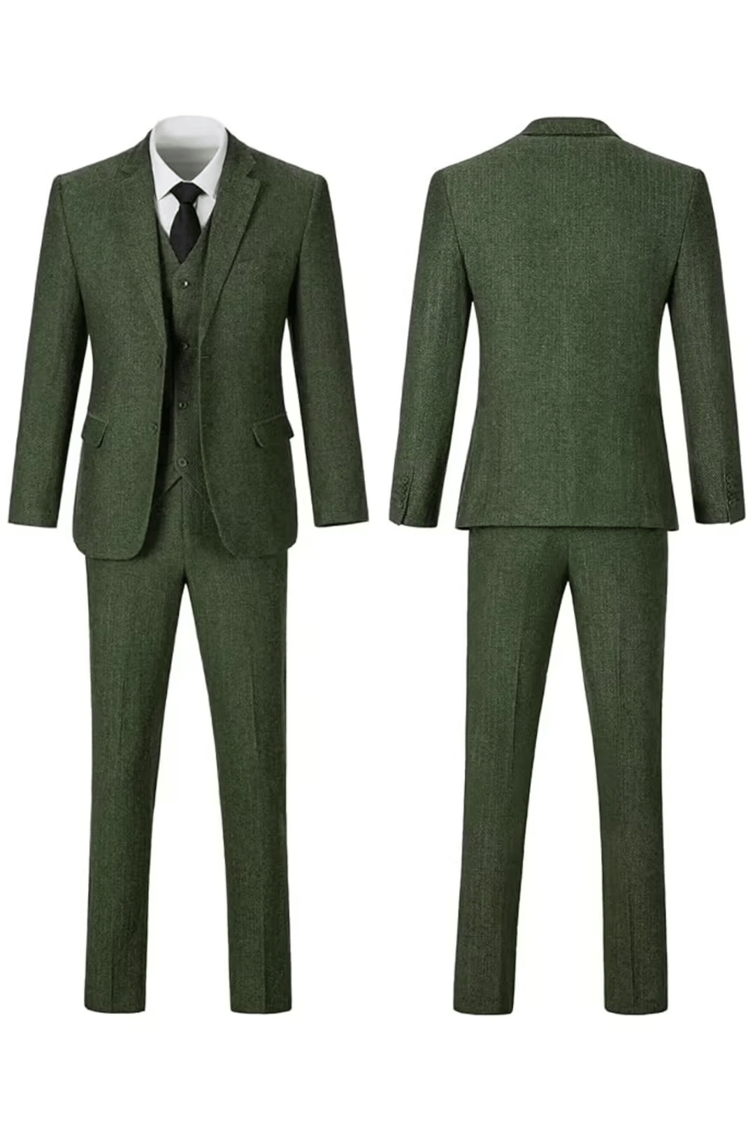 Green herringbone notch-lapel suit, front and back