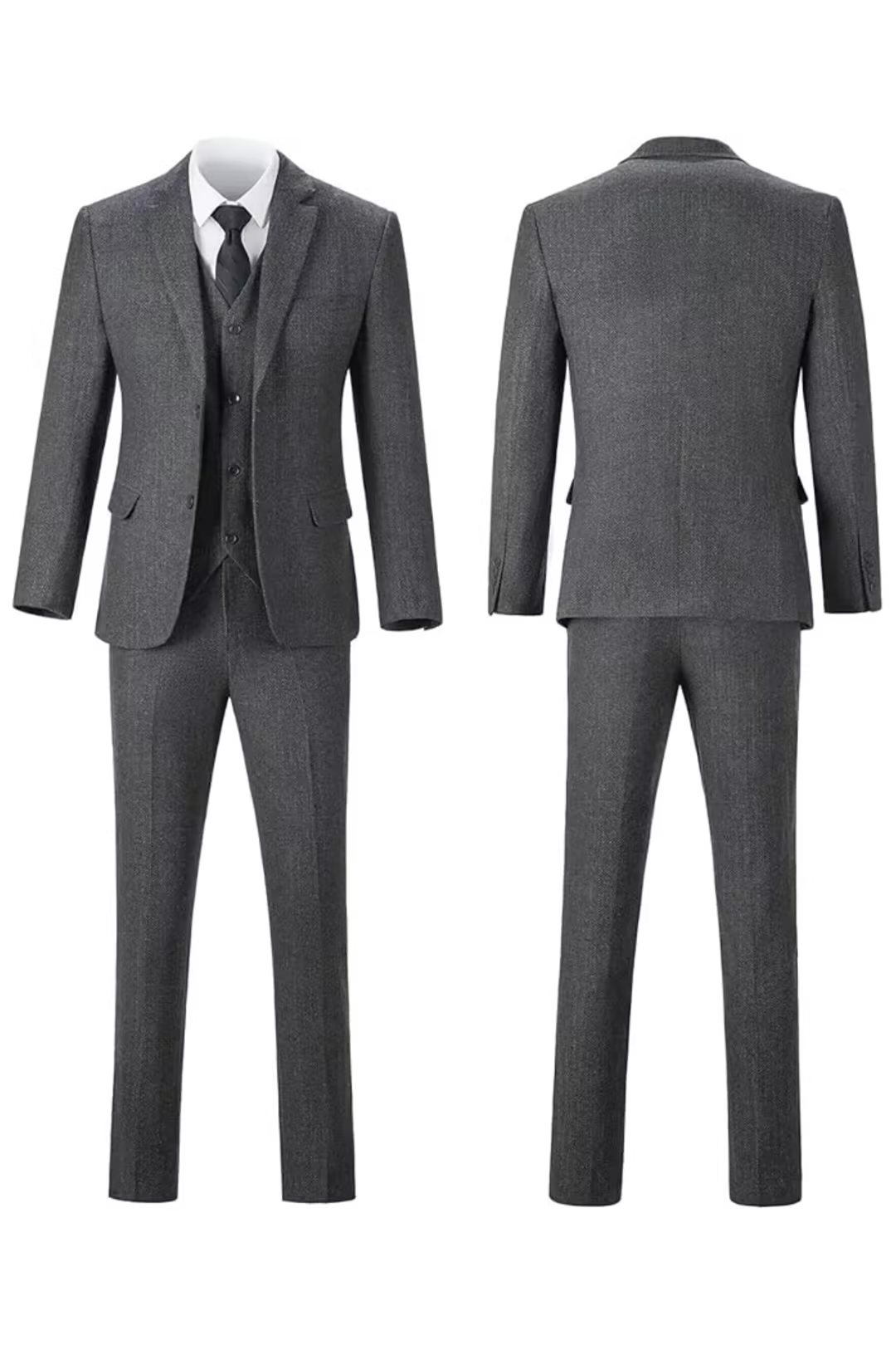 Gray herringbone notch-lapel suit, front and back
