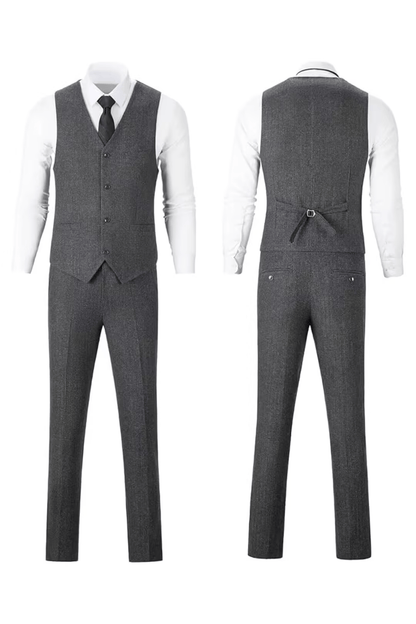 Gray herringbone suit with white shirt, front and back
