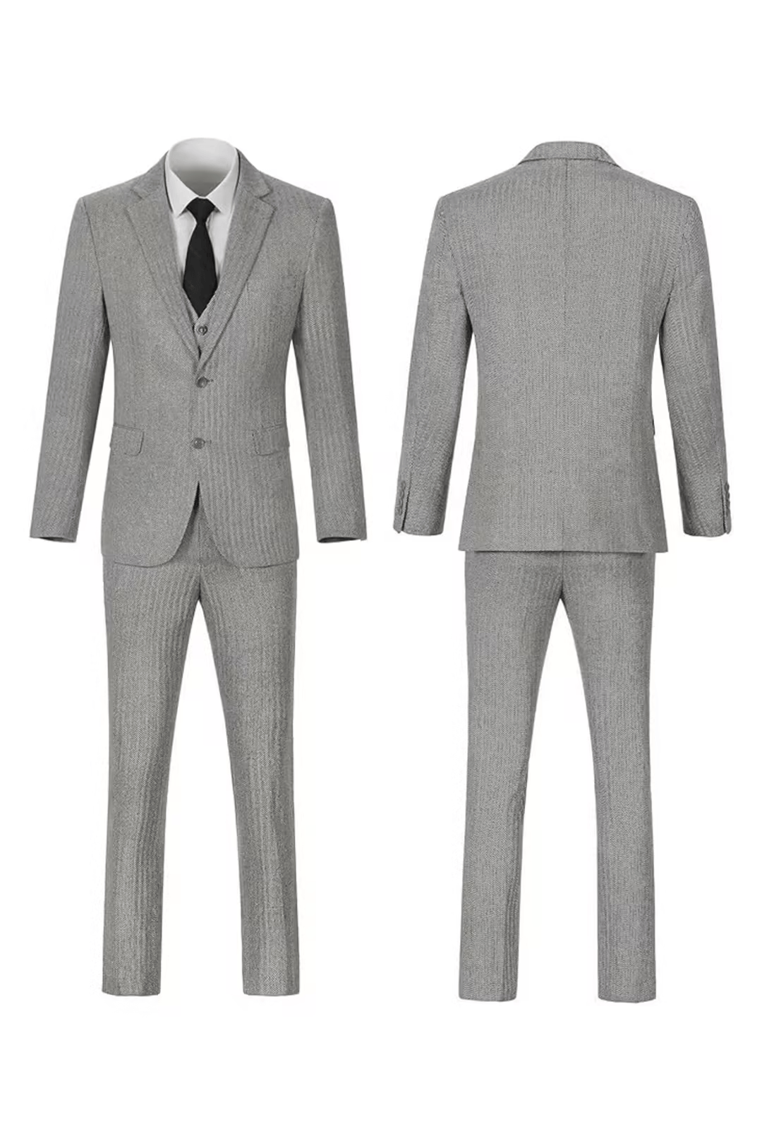 Light gray herringbone notch-lapel suit, front and back