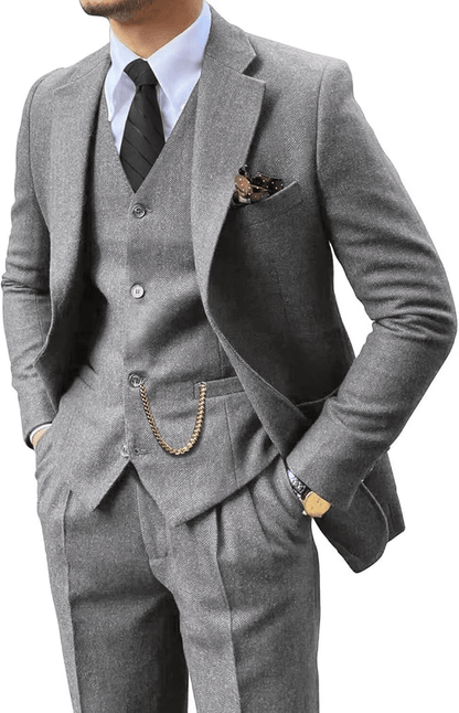 Man wearing a light gray herringbone notch-lapel suit