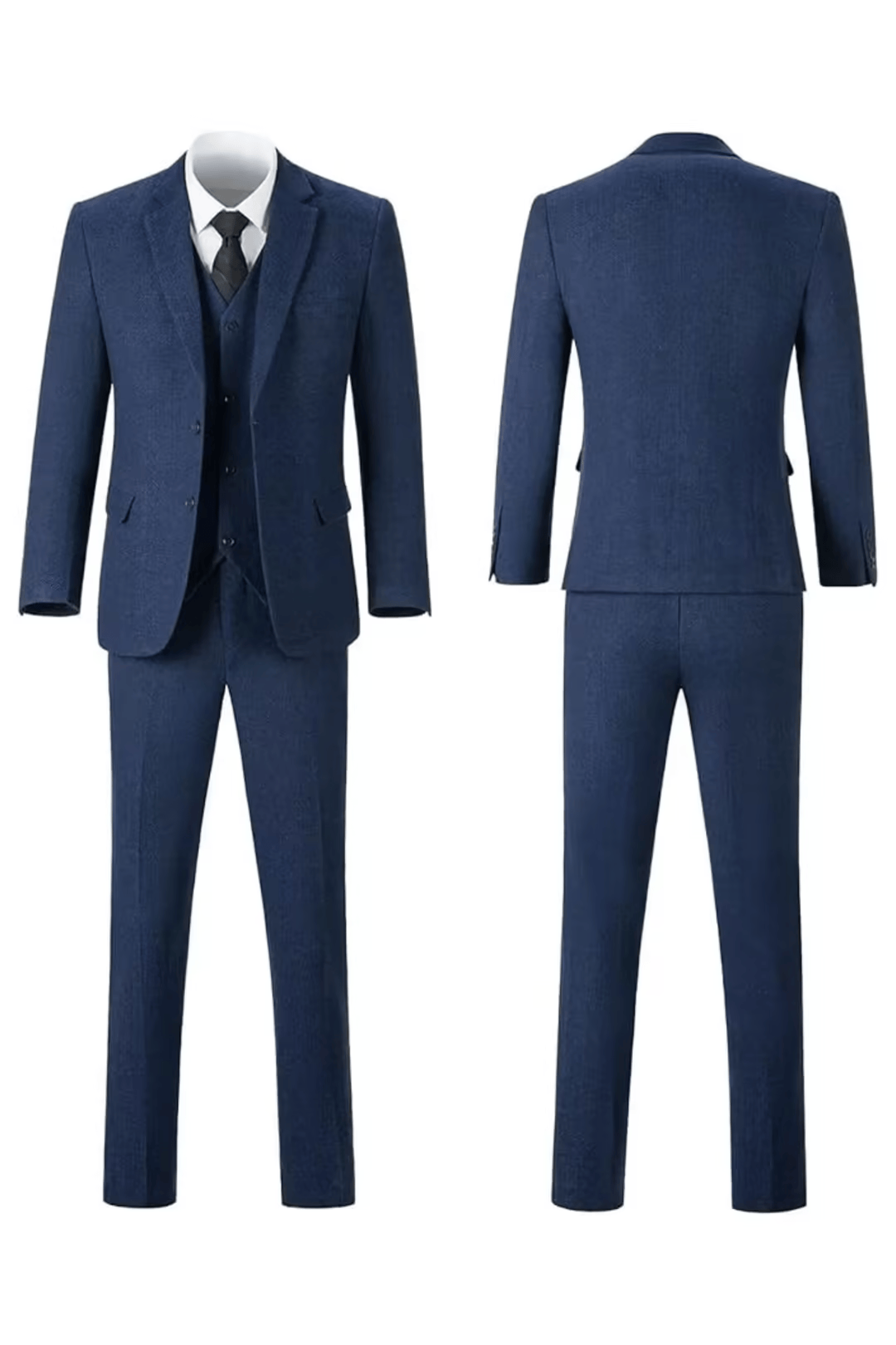 Navy blue herringbone notch-lapel suit, front and back