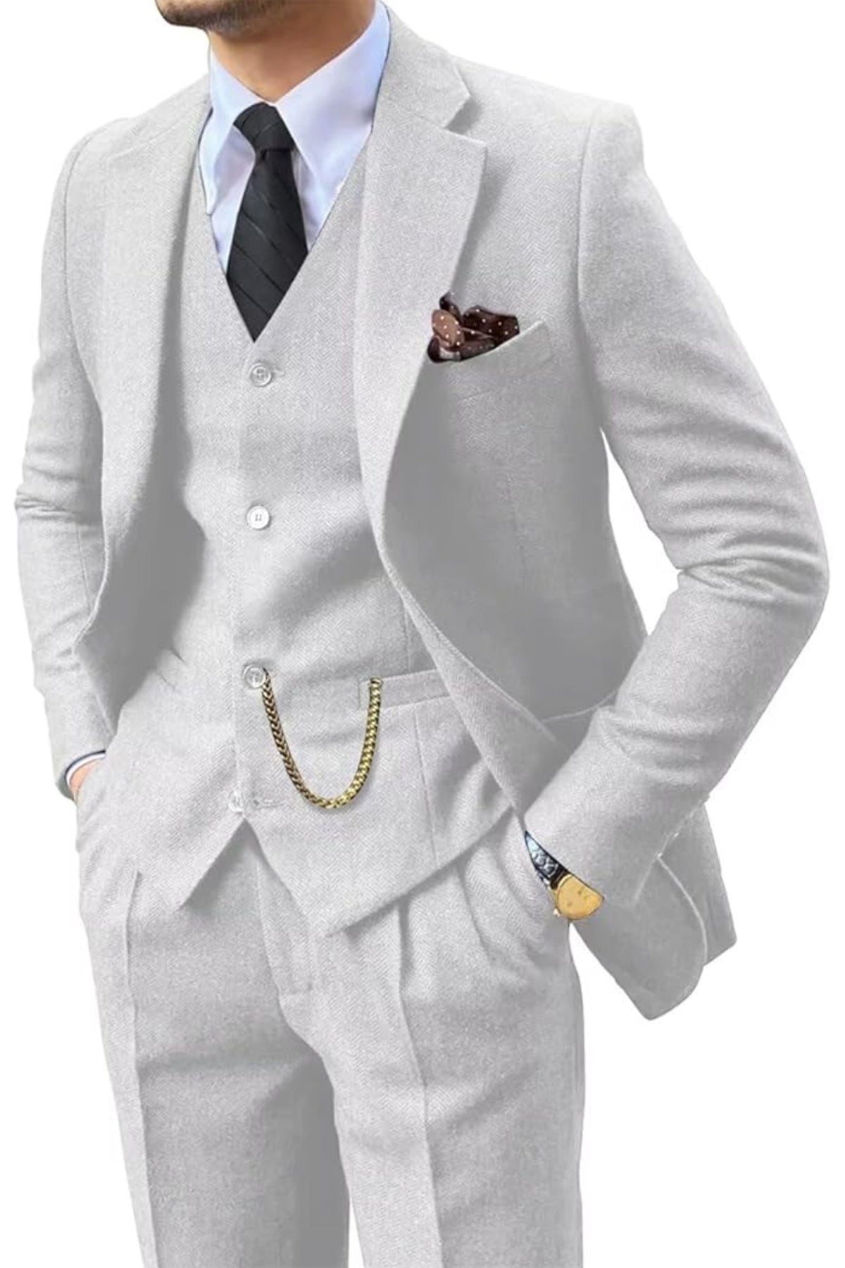Man wearing a white herringbone notch-lapel suit