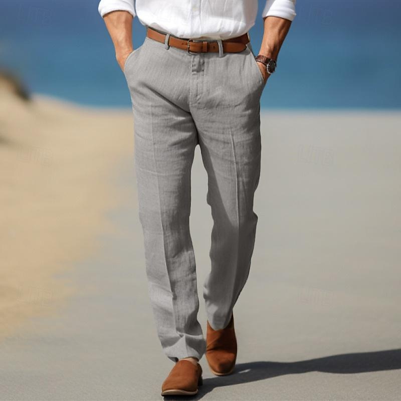 Man wearing gray linen-look straight-leg pants