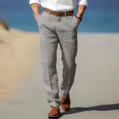 Man wearing gray linen-look straight-leg pants