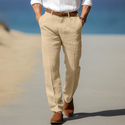 Man wearing beige linen-look straight-leg pants